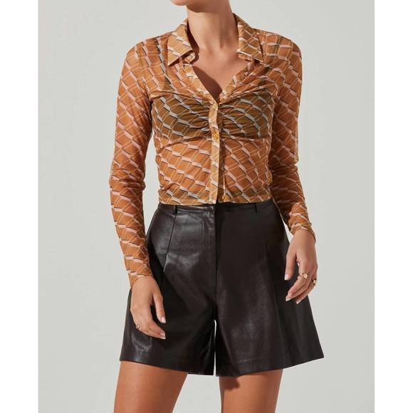 NEW ASTR lamora mesh button down top in mustard cream geo - Picture 1 of 3